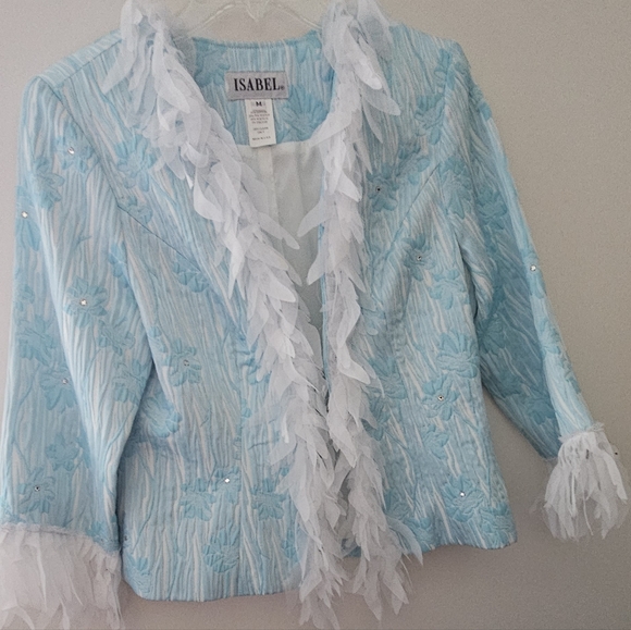 ISABEL Elegant Formal Jacket Turquoise White Rhinestones “Feather” Trim Like New - Picture 2 of 11
